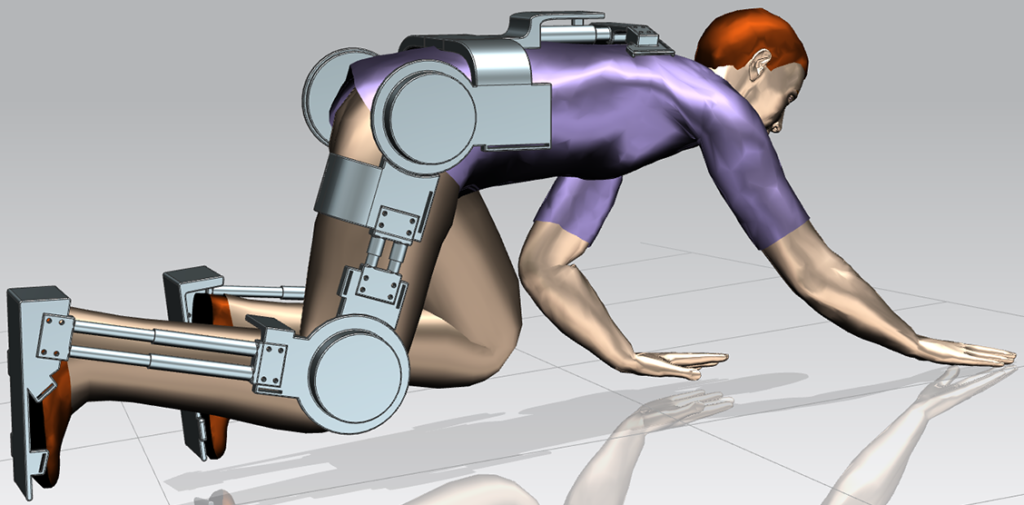 Illustration of exoskeleton device helping a man crawl.