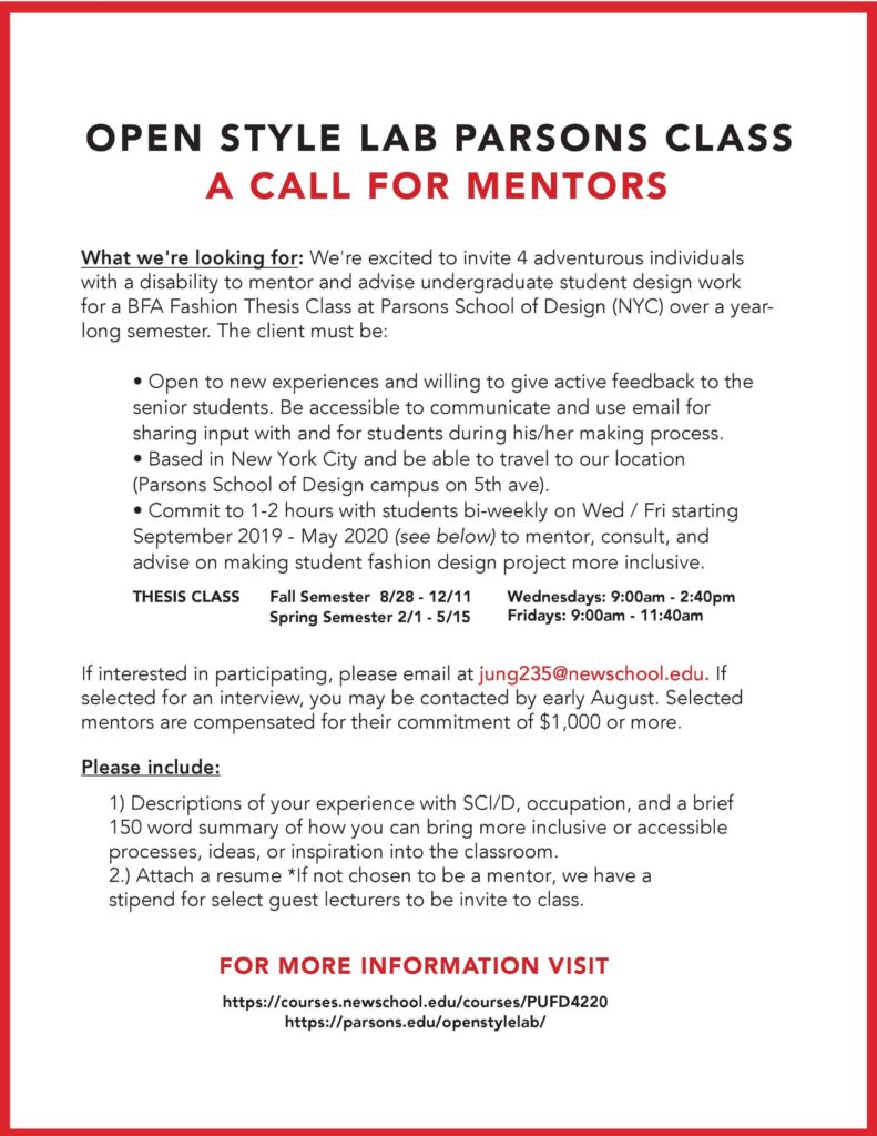 Description of Open Style Lab Parsons Class 2019-2020 Call for fashionistas with disabilities.